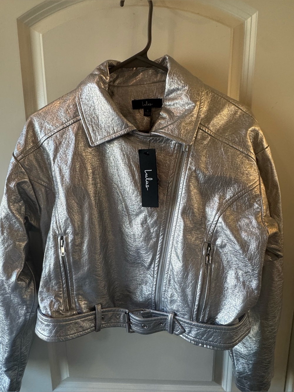 Lulu’s Silver Metallic Cropped Moto Jacket